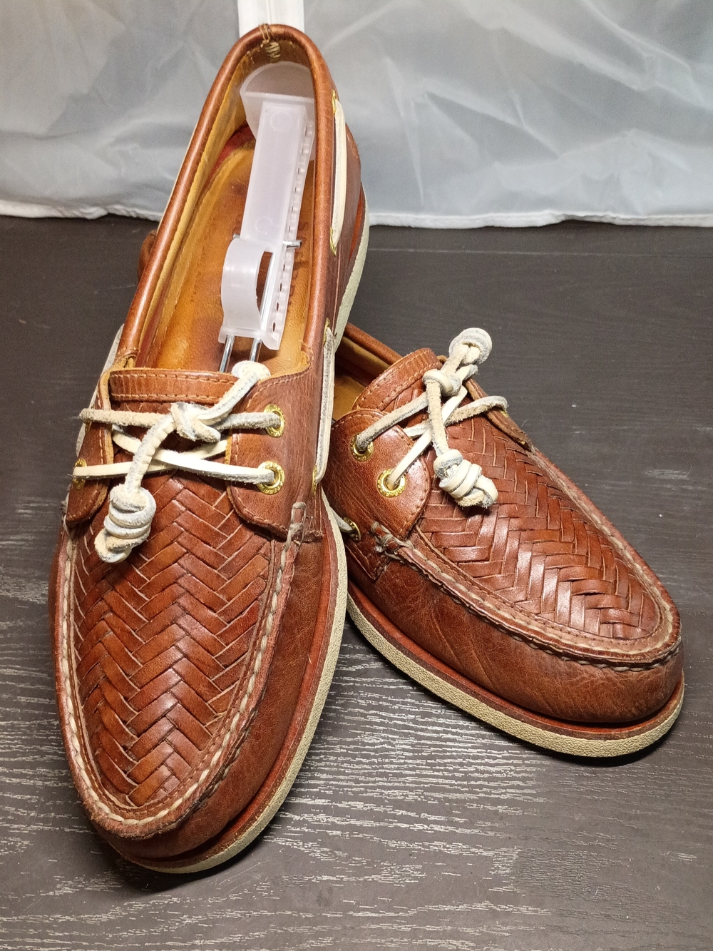 Sperry GOLD CUP Tan Brown Woven Leather Boat Shoes with Cream Trim. 9M